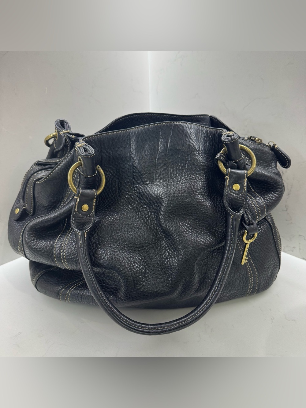 Vintage Fossil Black Pebbled Leather Satchel Shoulder Bag Brass Hardware